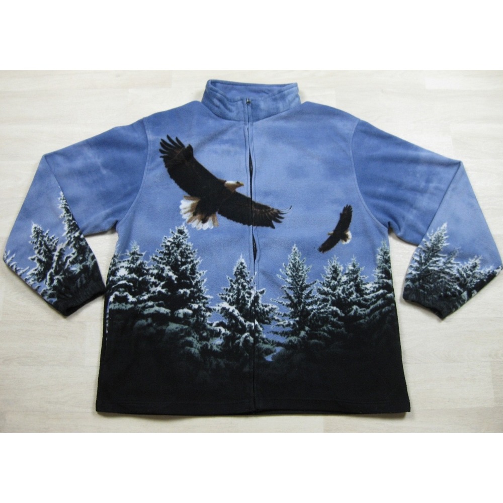 Vintage 90s Trail Crest Fleece Jacket (2XL) Bald Eagle Forest Nature AOP